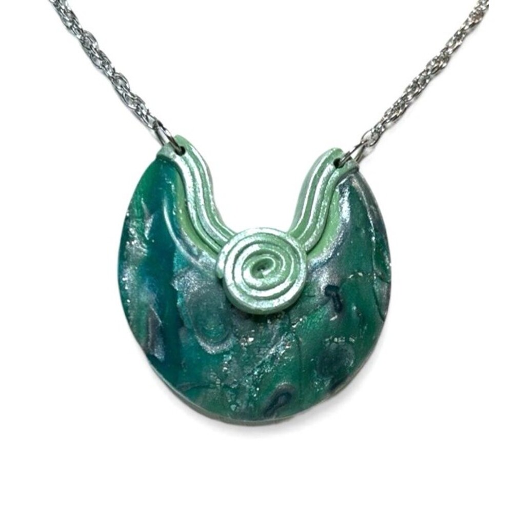 Handmade Green & Blue Large Polymer Clay Pendant Necklace on 18" SS Cable Chain - Picture 5 of 8